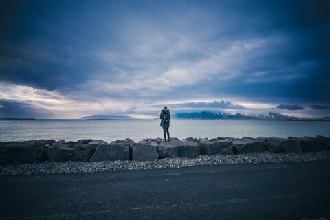 Lone Traveler Overlooking Seaside Mountains