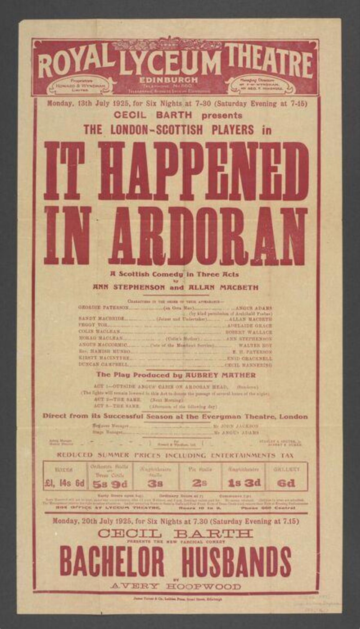 1925 Royal Lyceum Theatre Playbill