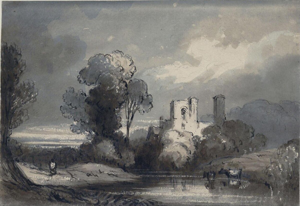 Abbey Ruins by River Watercolor Landscape