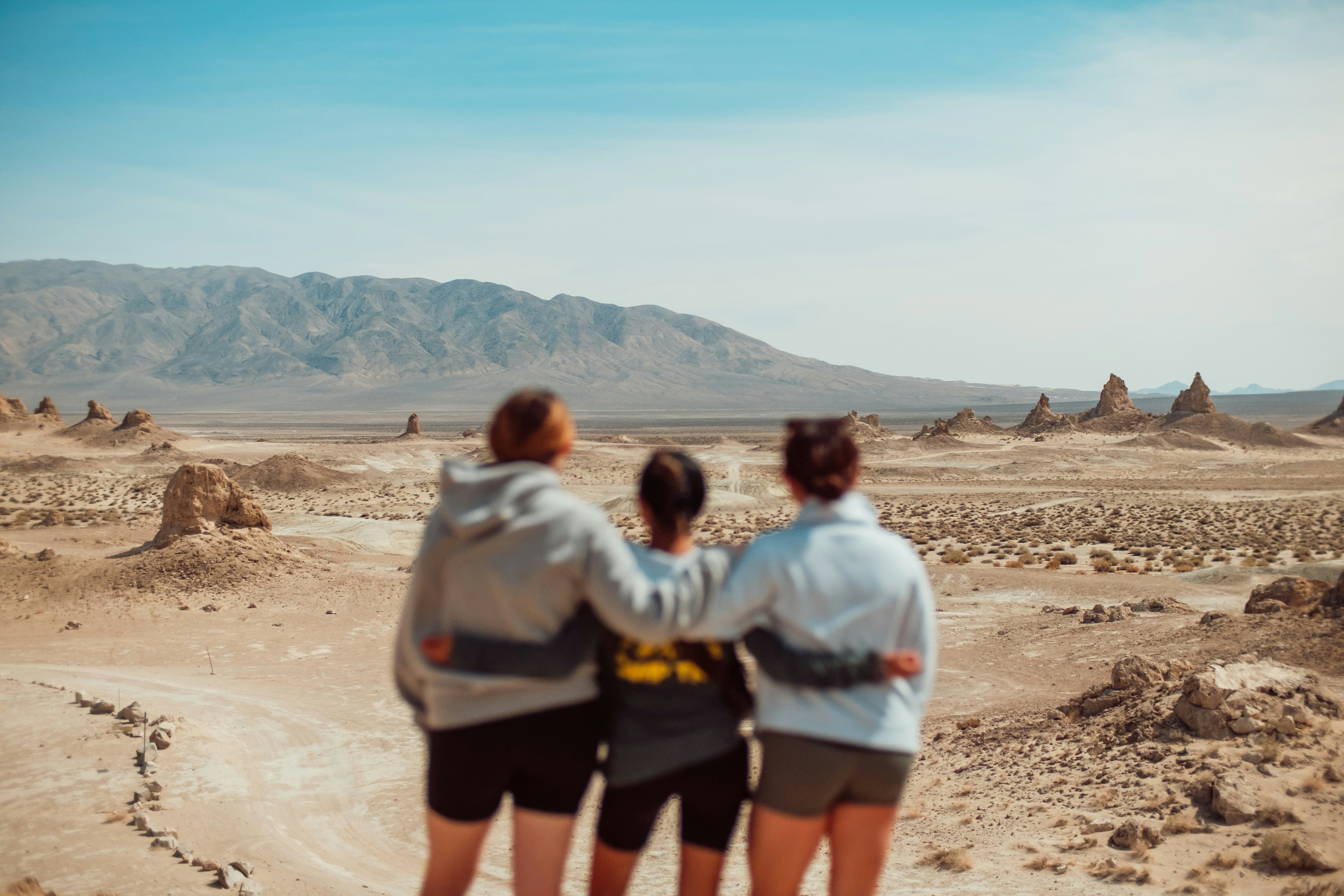 Three Friends Overlooking Desert Landscape