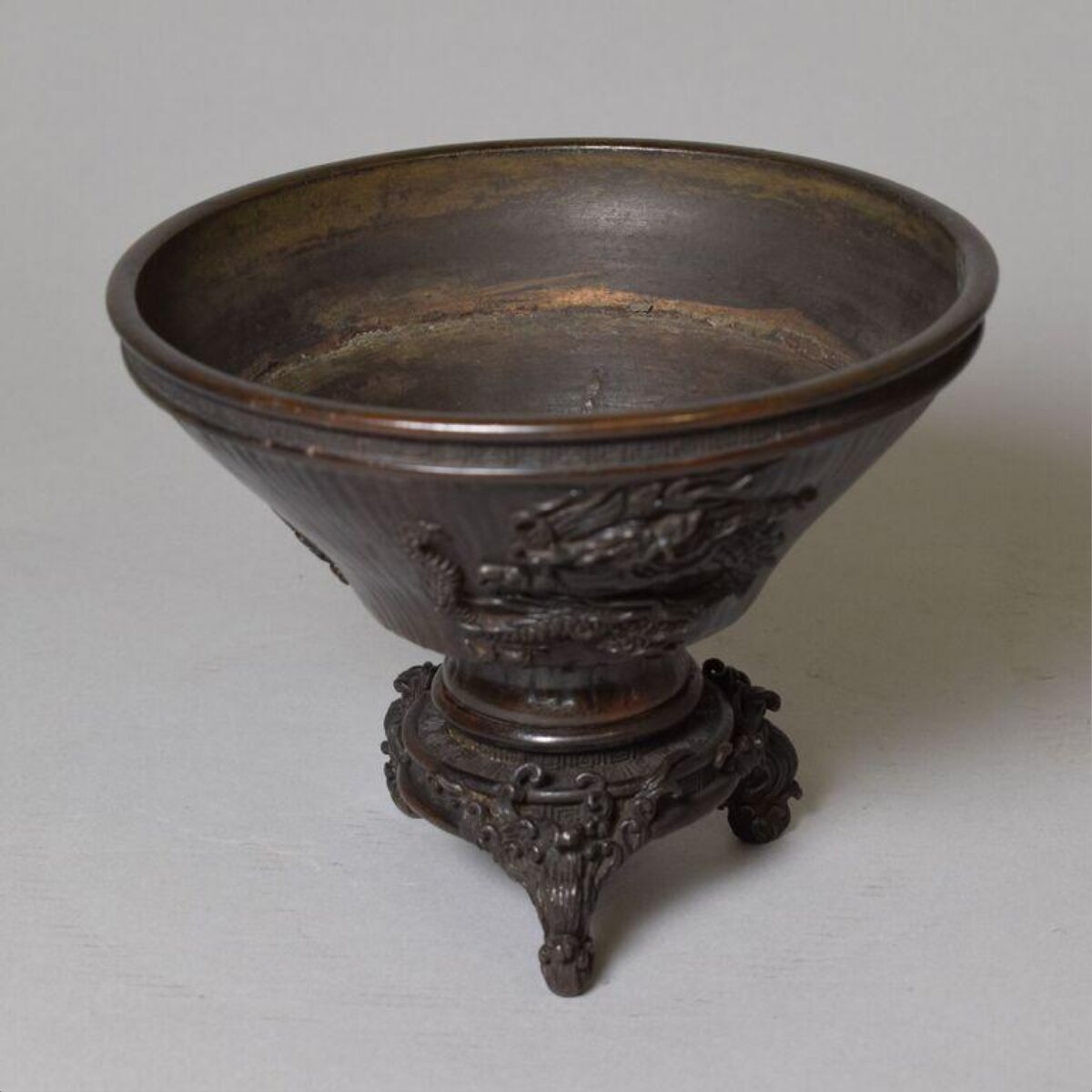 Antique Bronze Carved Tripod Bowl