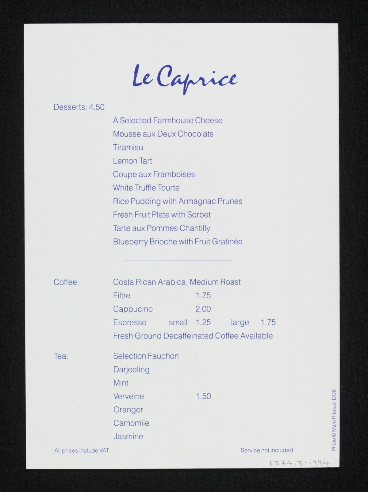 Le Caprice Food and Drink Menu