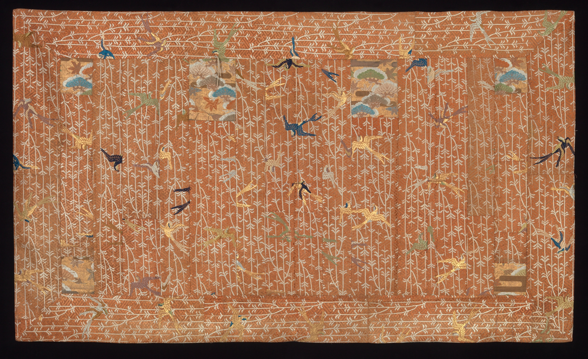 Orange Bird Pattern Antique Textile