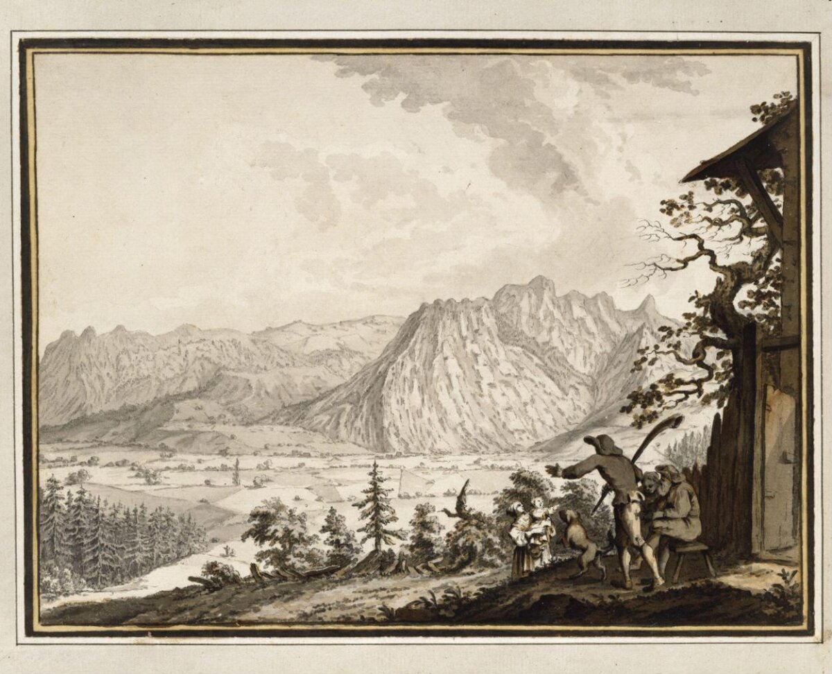 Mountain Landscape Drawing with Figures