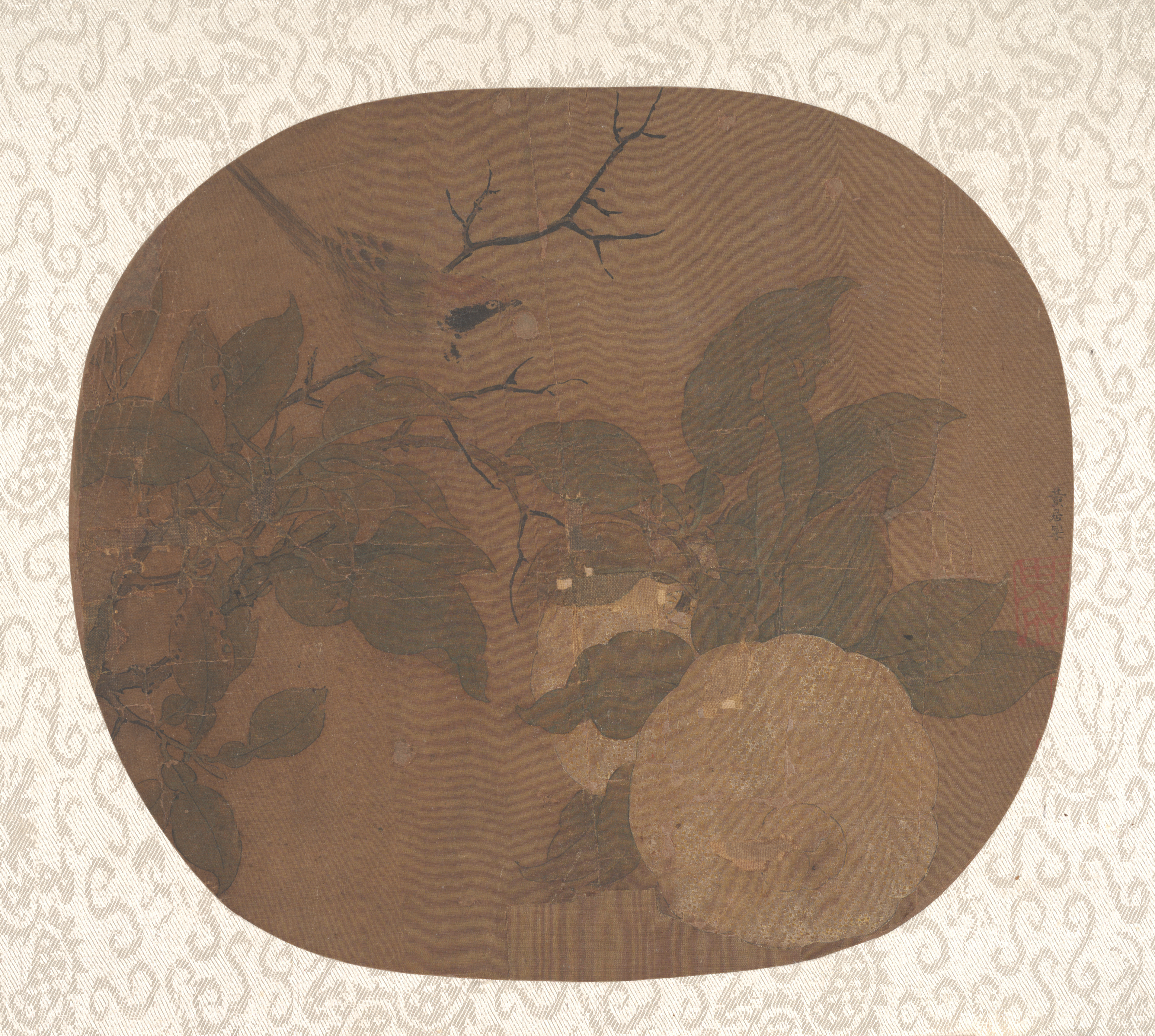 Ancient Chinese Sparrow and Persimmon Fan Painting