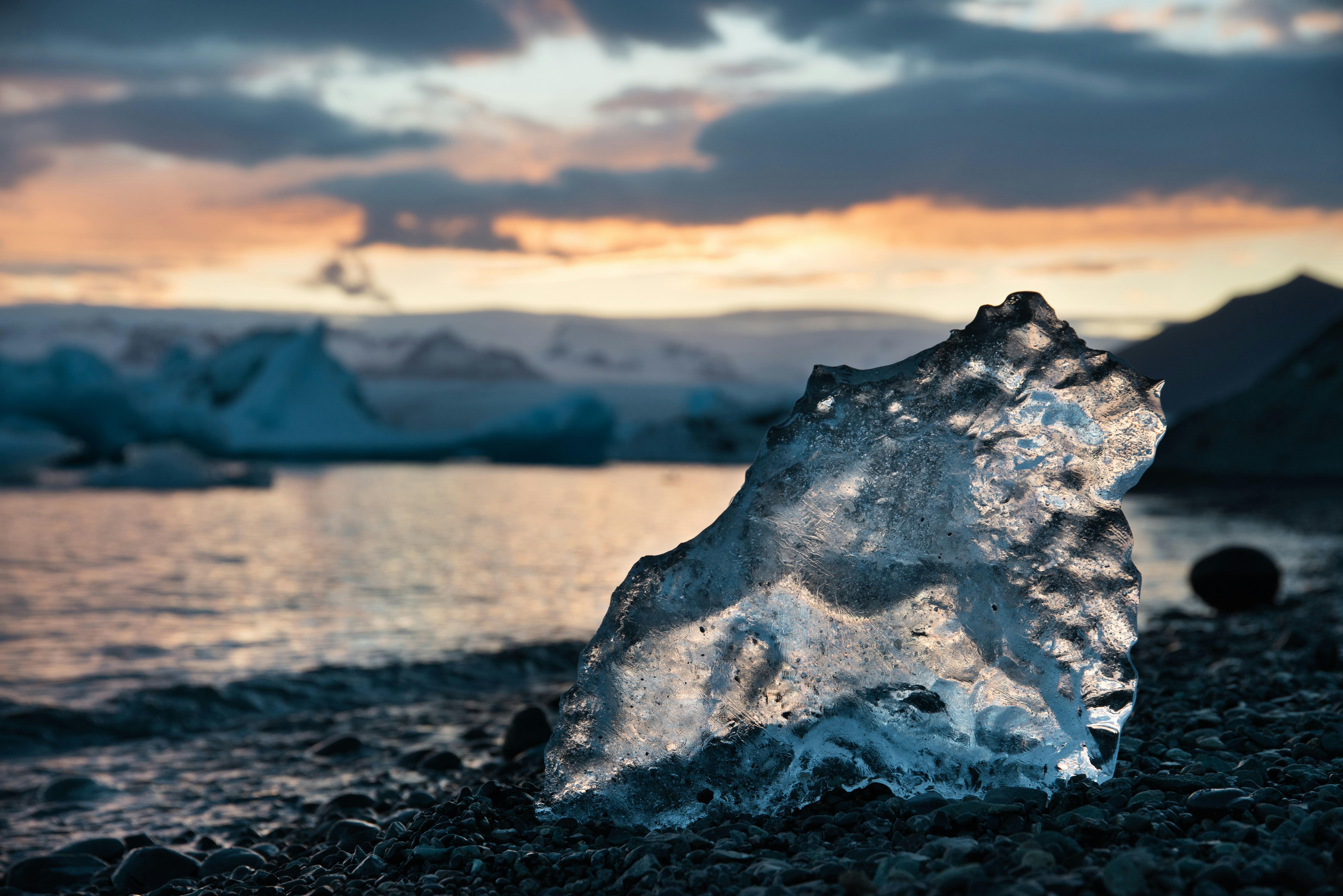 Glacial Ice on Beach at Sunset
