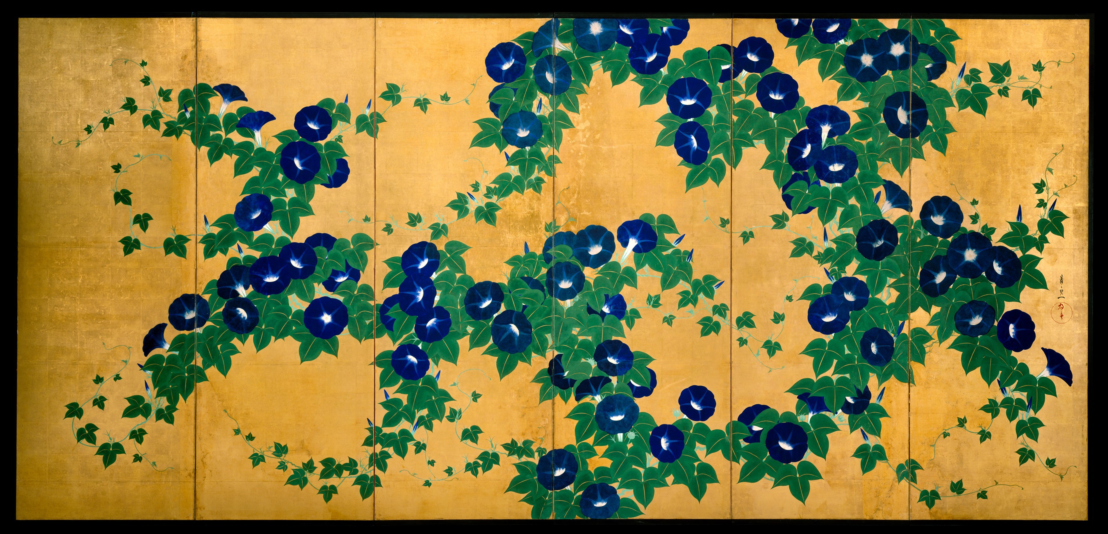 Blue Morning Glories Gold Folding Screen