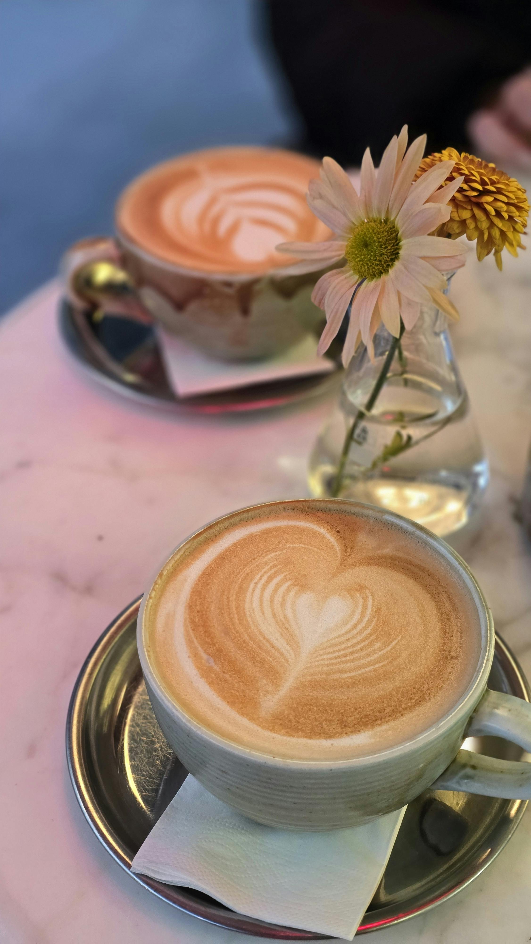Two Lattes with Heart Latte Art
