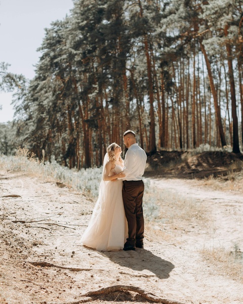 Wedding Couple in Sunny Pine Forest