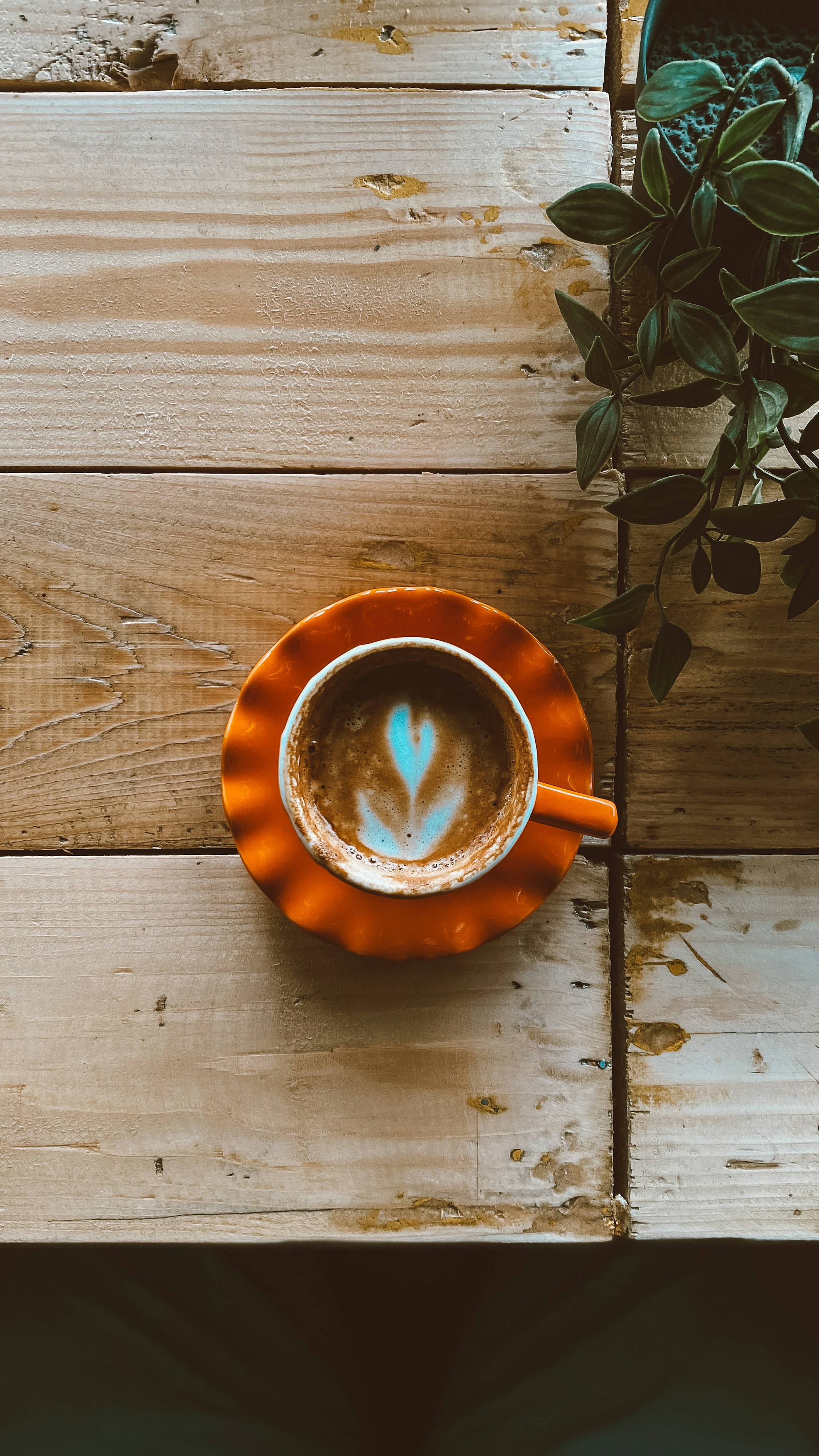 Latte Coffee on Rustic Wooden Table