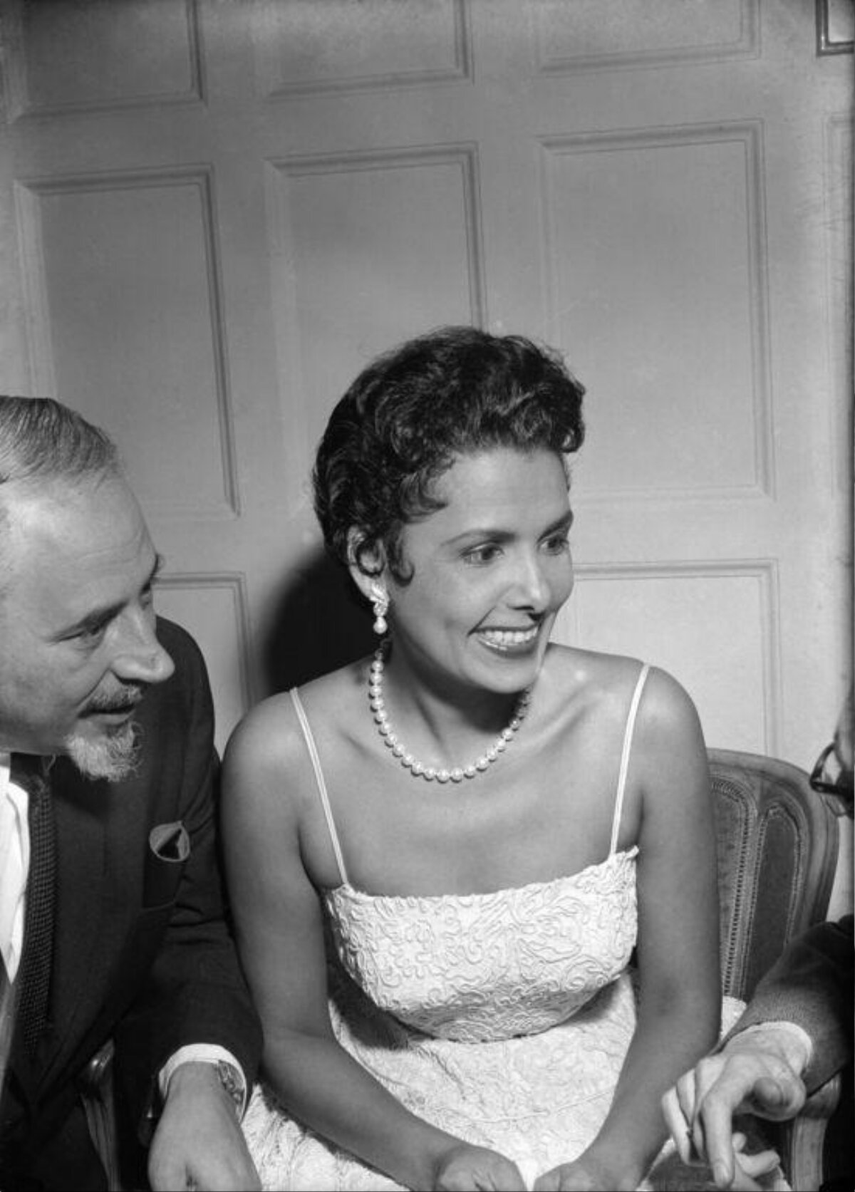 Smiling Woman in Formal Lace Dress