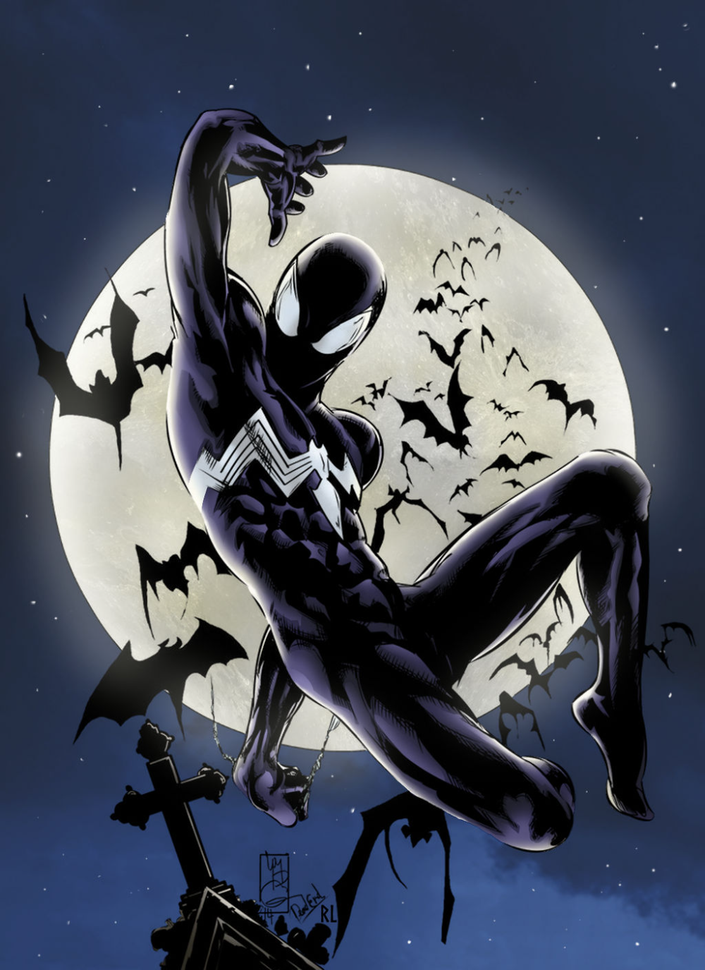 Black Suit Spider-Man Over Full Moon