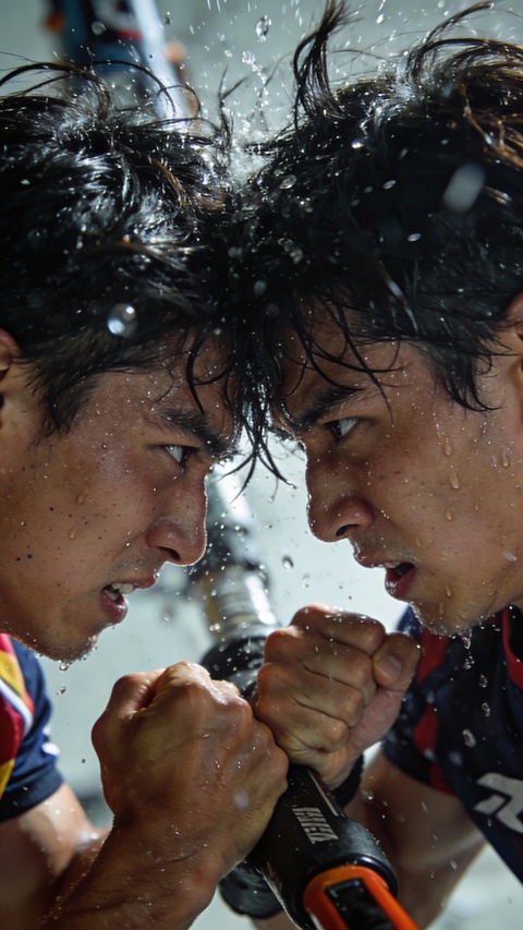 Two Rowers in Intense Competition