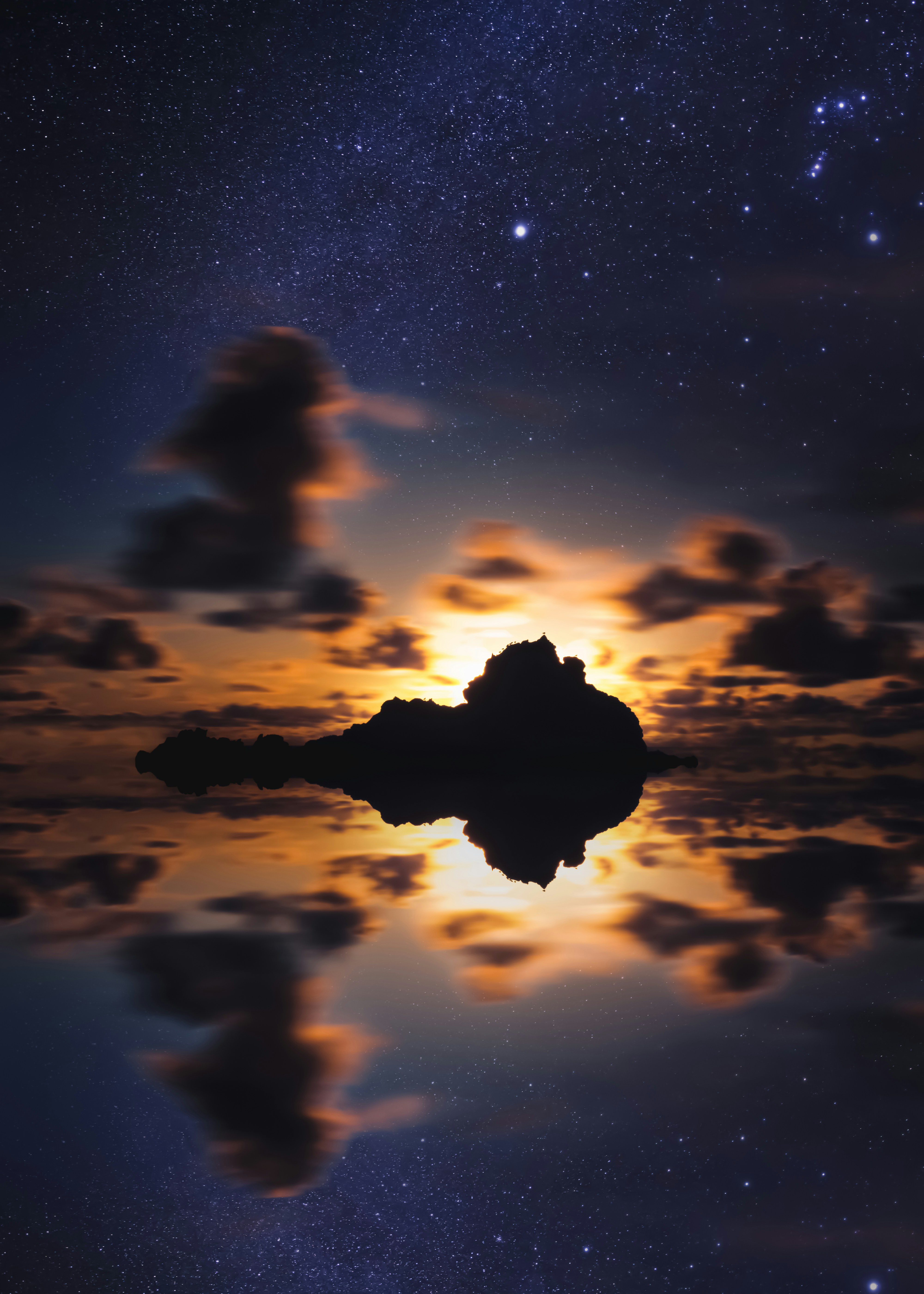 Starry Night Island Water Reflection