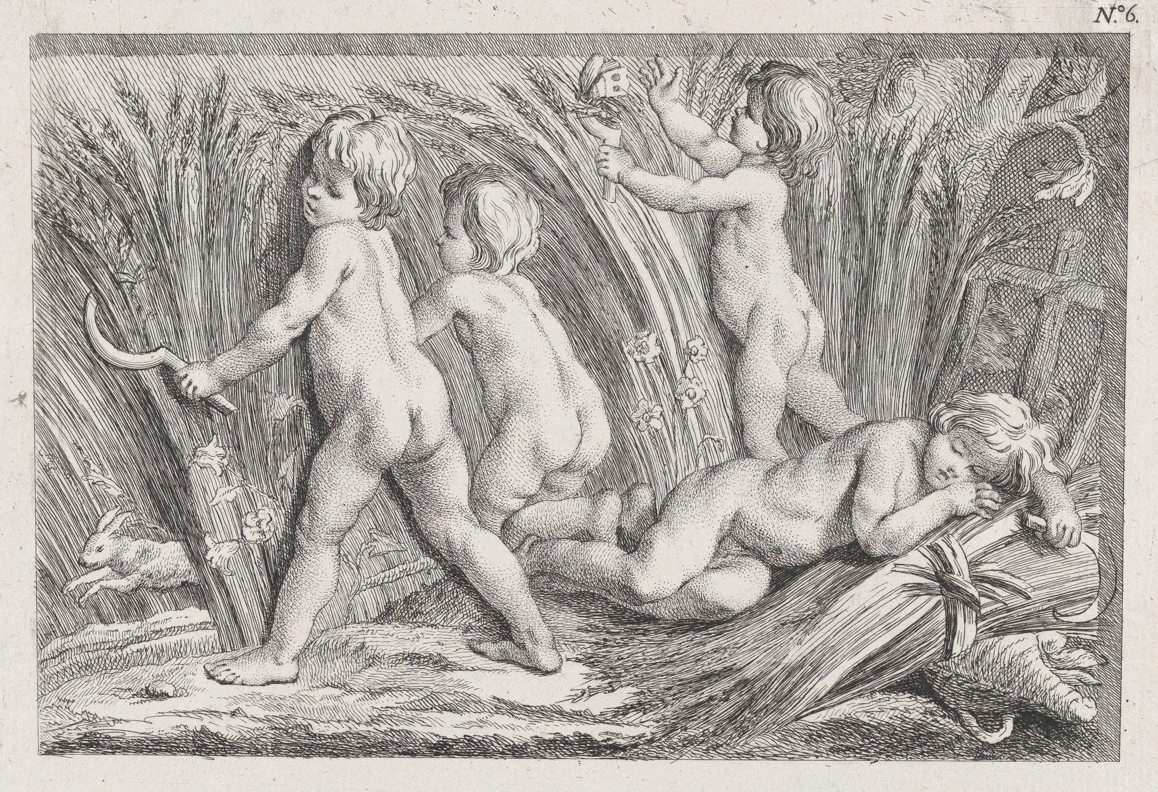 Four Children Harvesting Wheat Engraving