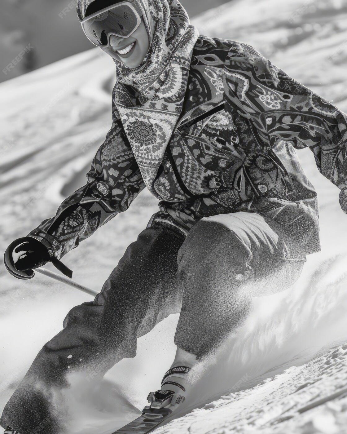 Smiling Hijabi Woman Skiing Down Slope