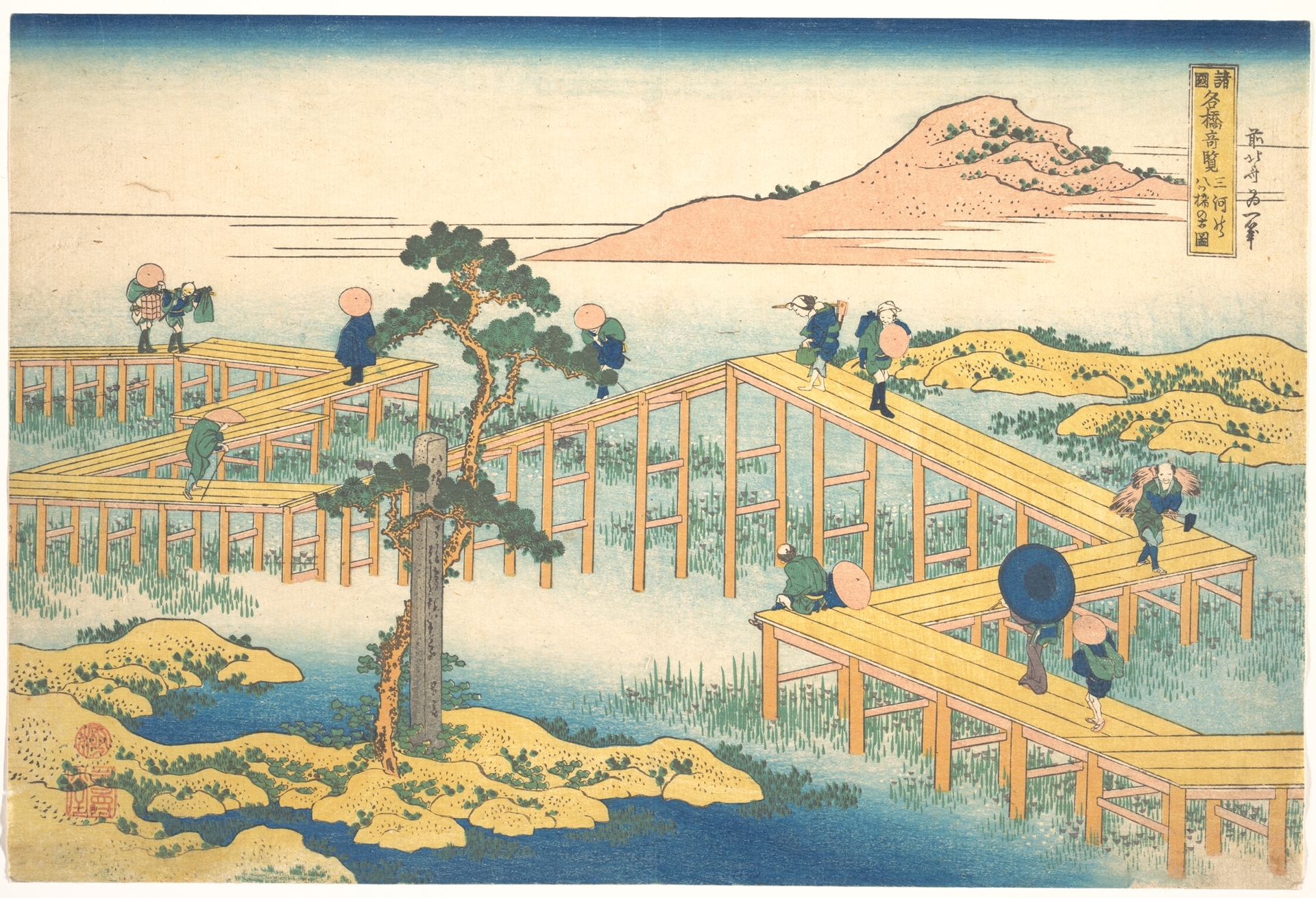 Japanese Ukiyo-e Travelers on Bridge