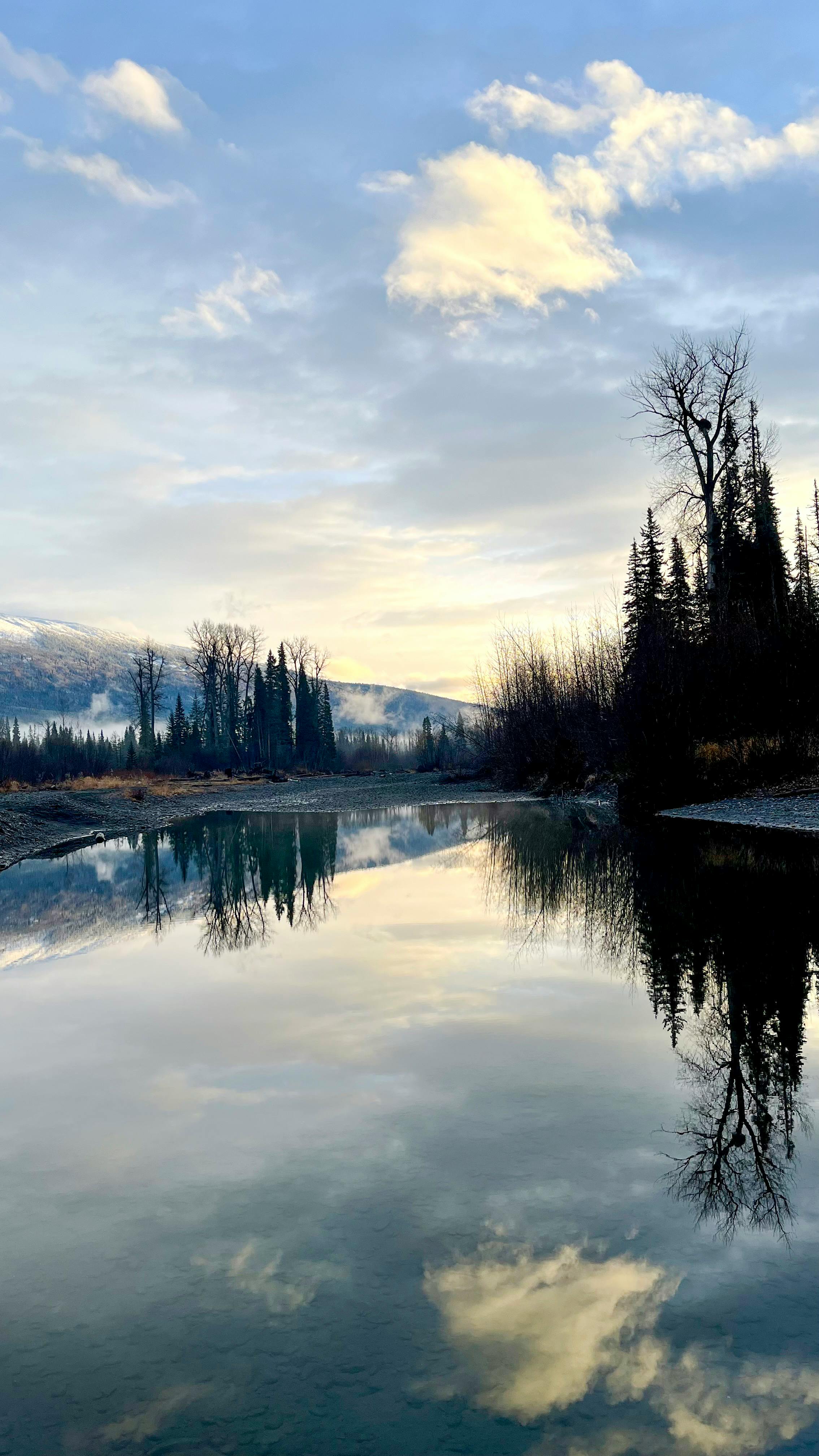 Calm River Sky and Forest Reflection
