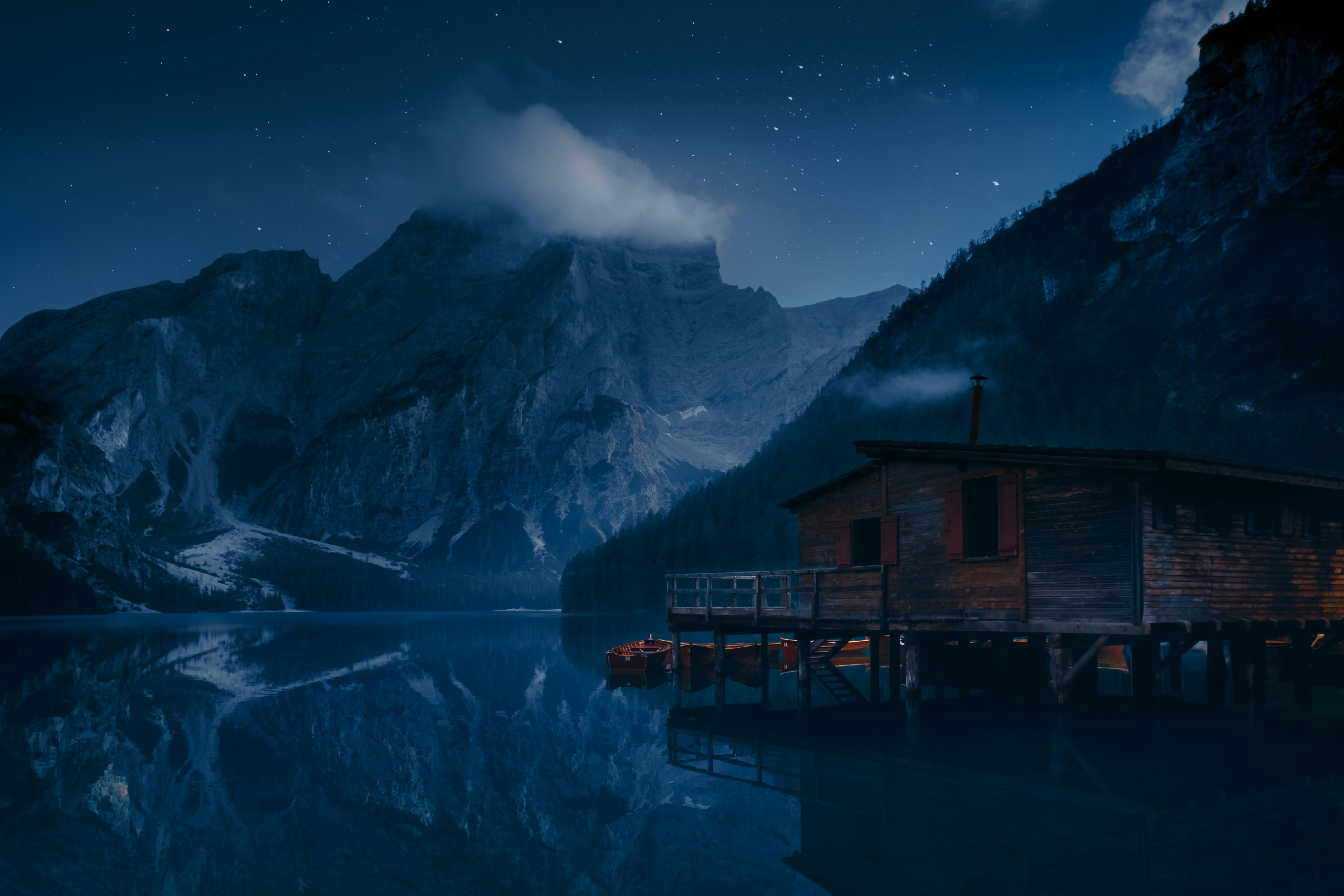 Night Mountain Lake with Wooden Boathouse