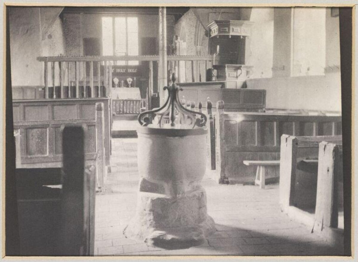 Old Church Interior with Baptismal Font