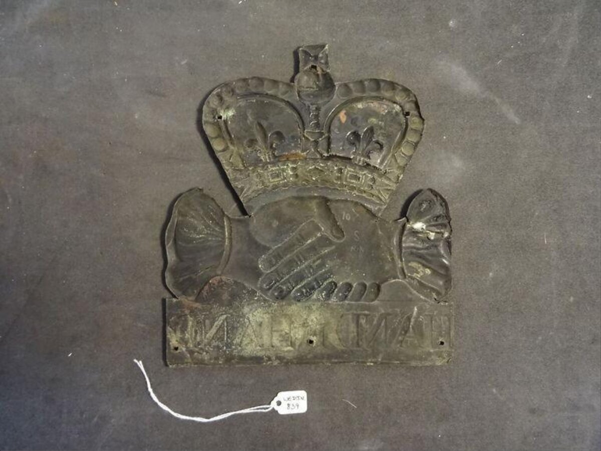 Antique Metal Crown Handshake Plaque