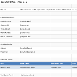 Complaint Resolution Log