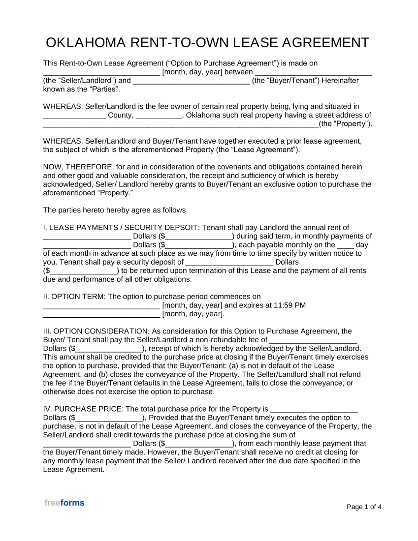 Oklahoma Rent to Own Lease Agreement Template