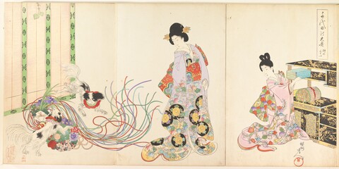 Ukiyo-e of Two Women and Dogs