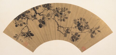 Ink Bird and Flower Fan Painting