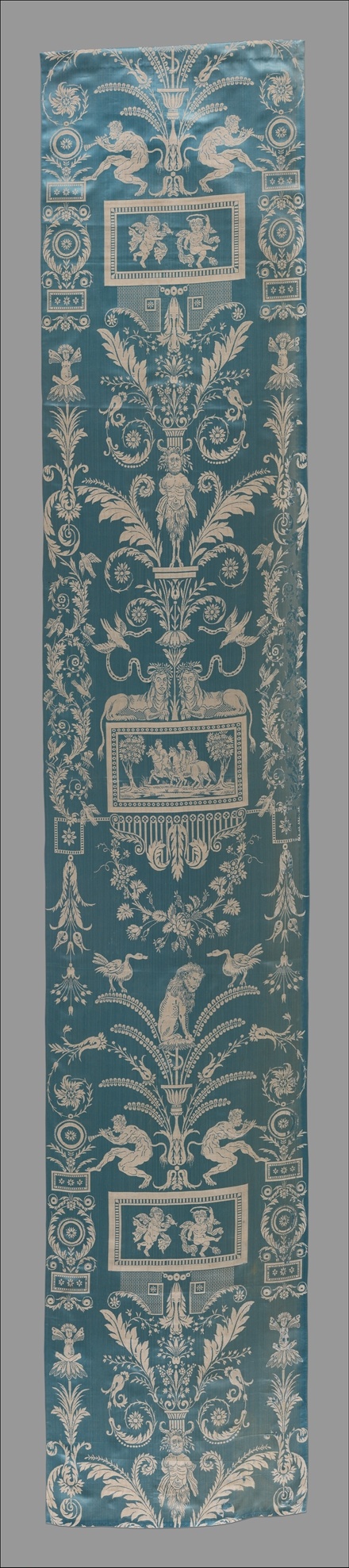 Classical motif blue damask textile panel
