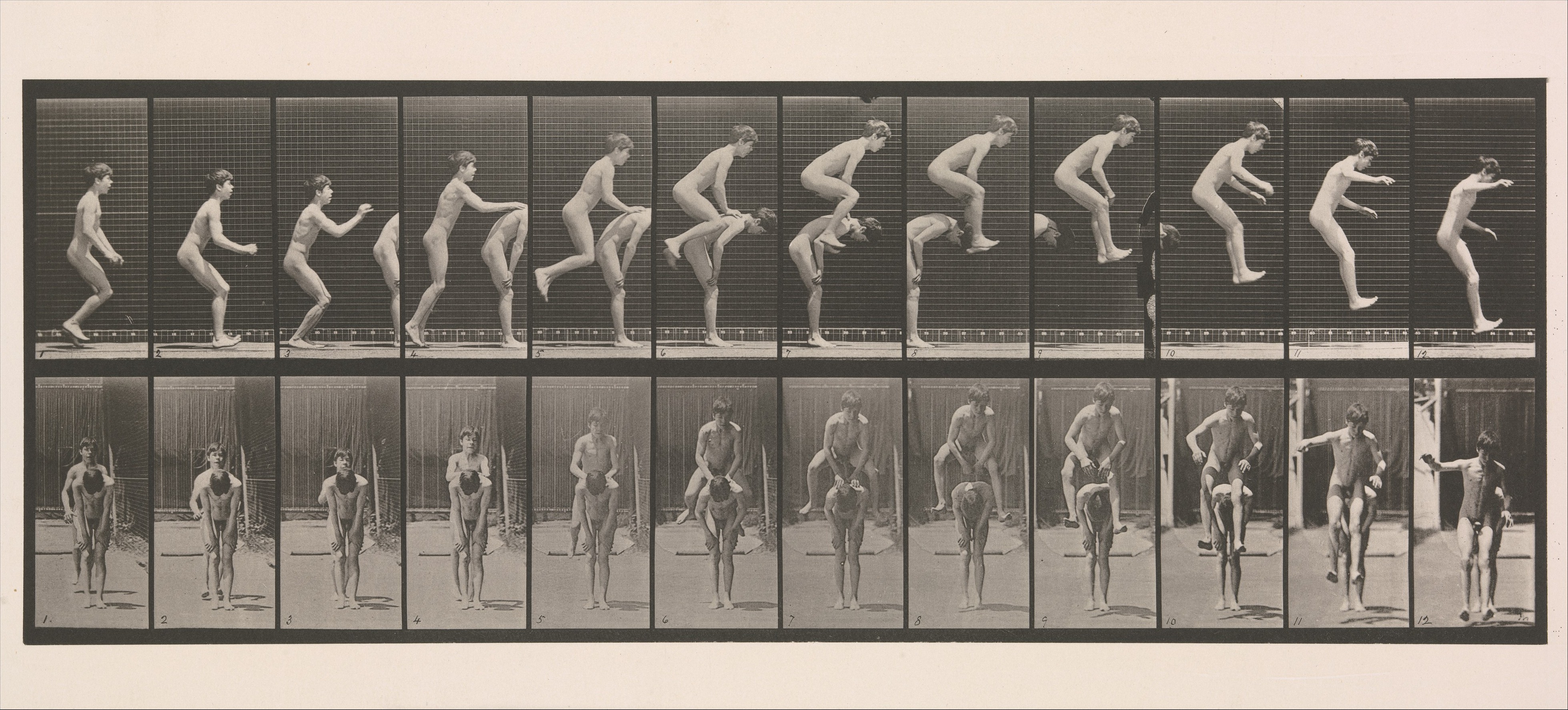 Sequence of Nude Men Leapfrogging