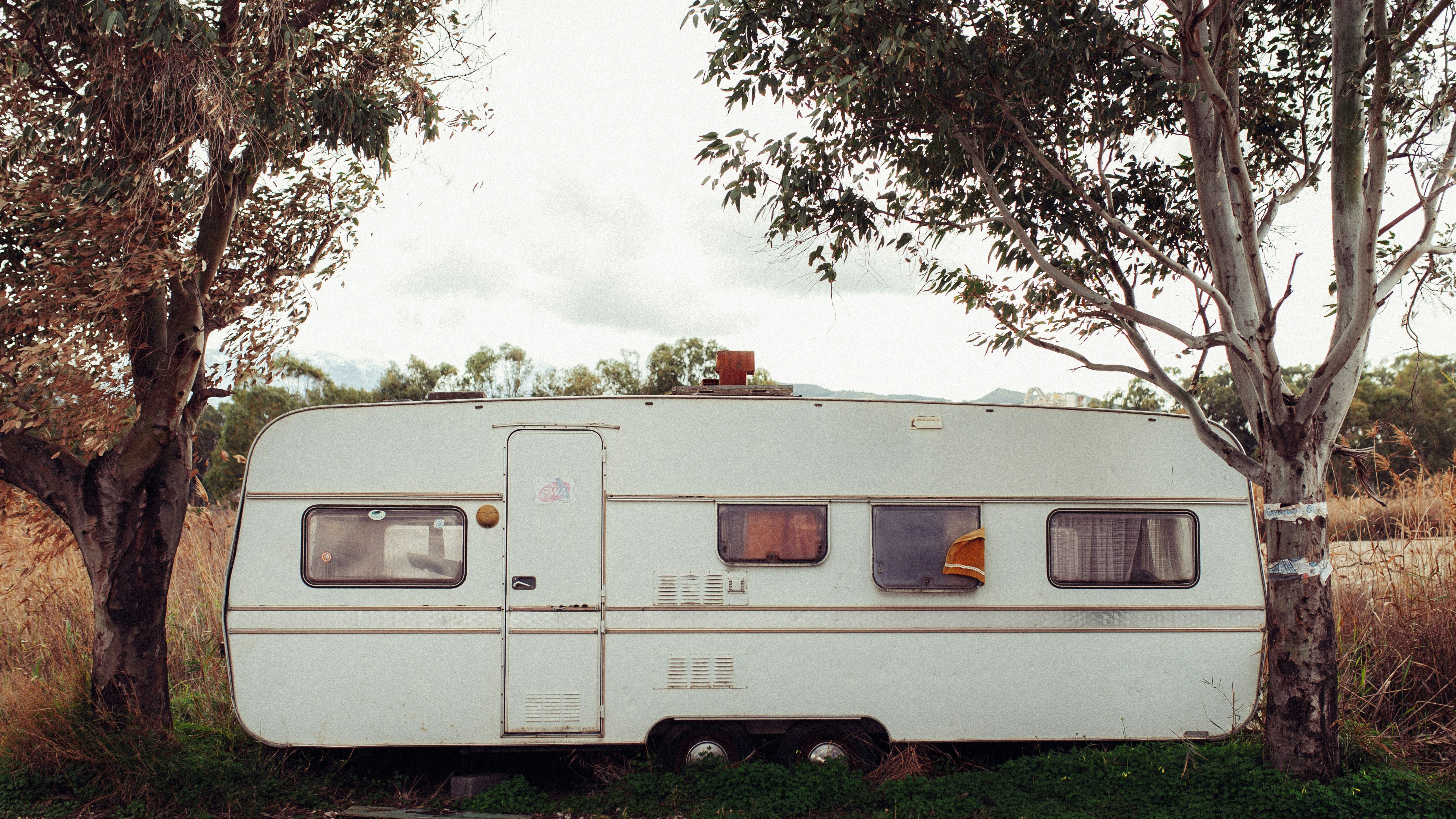 Vintage Caravan Parked Between Trees