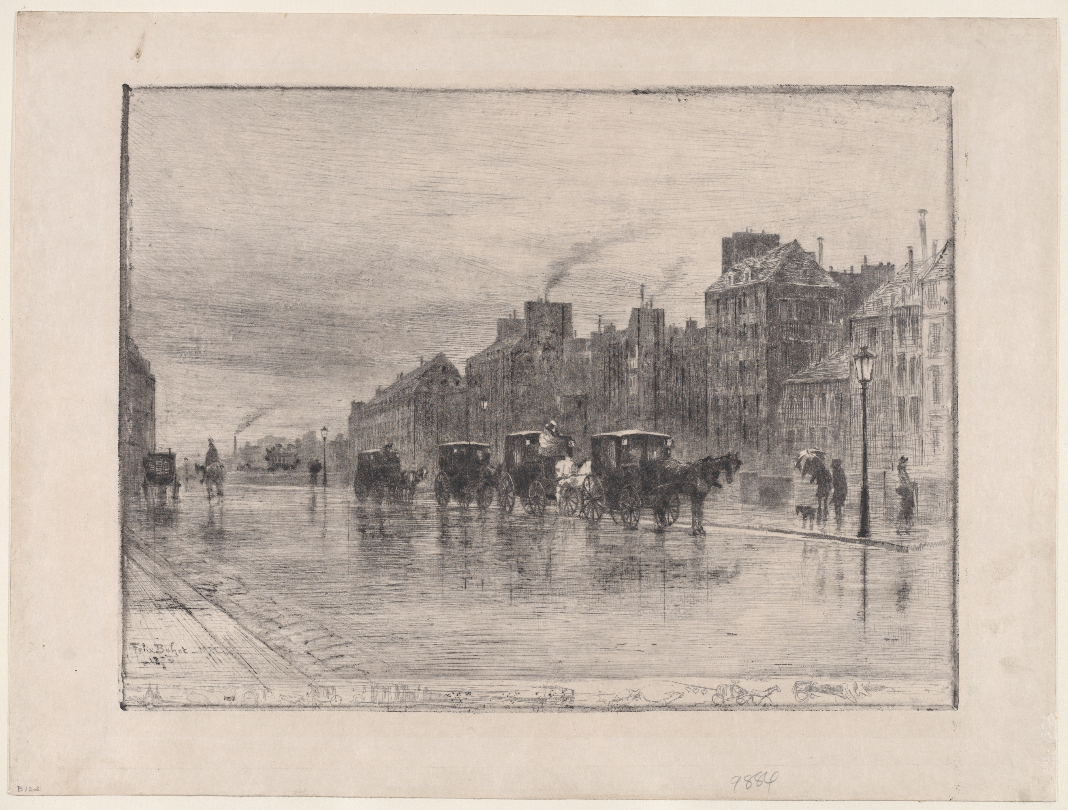 Rainy City Street with Horse Carriages