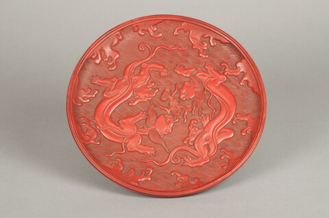 Carved Red Lacquer Double Dragon Plate