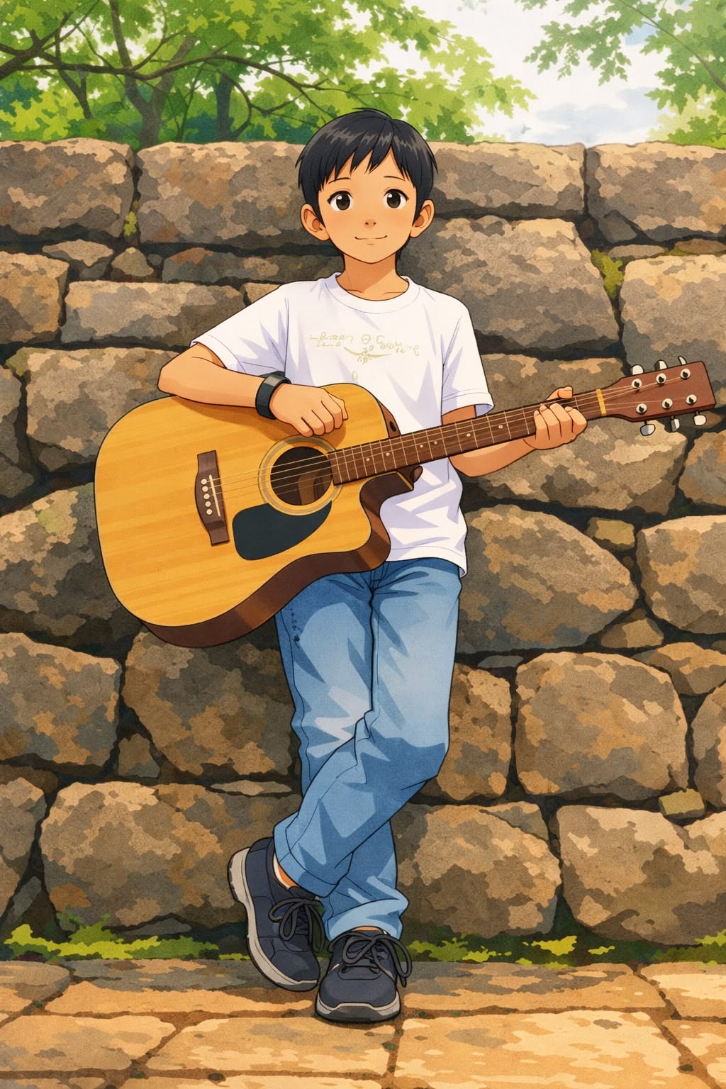 Boy with Guitar by Stone Wall