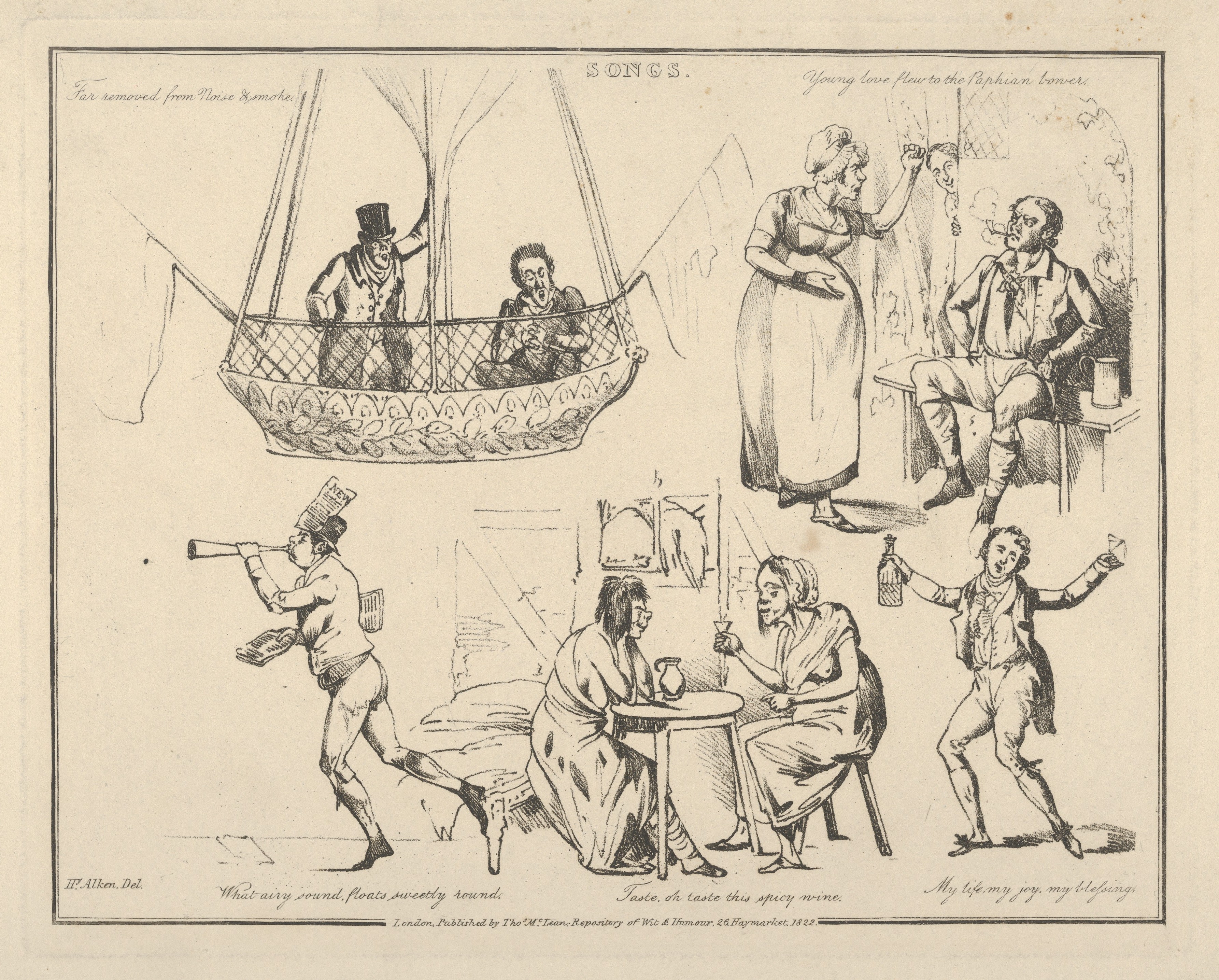 1822 Satirical Etching of Four Song Scenes