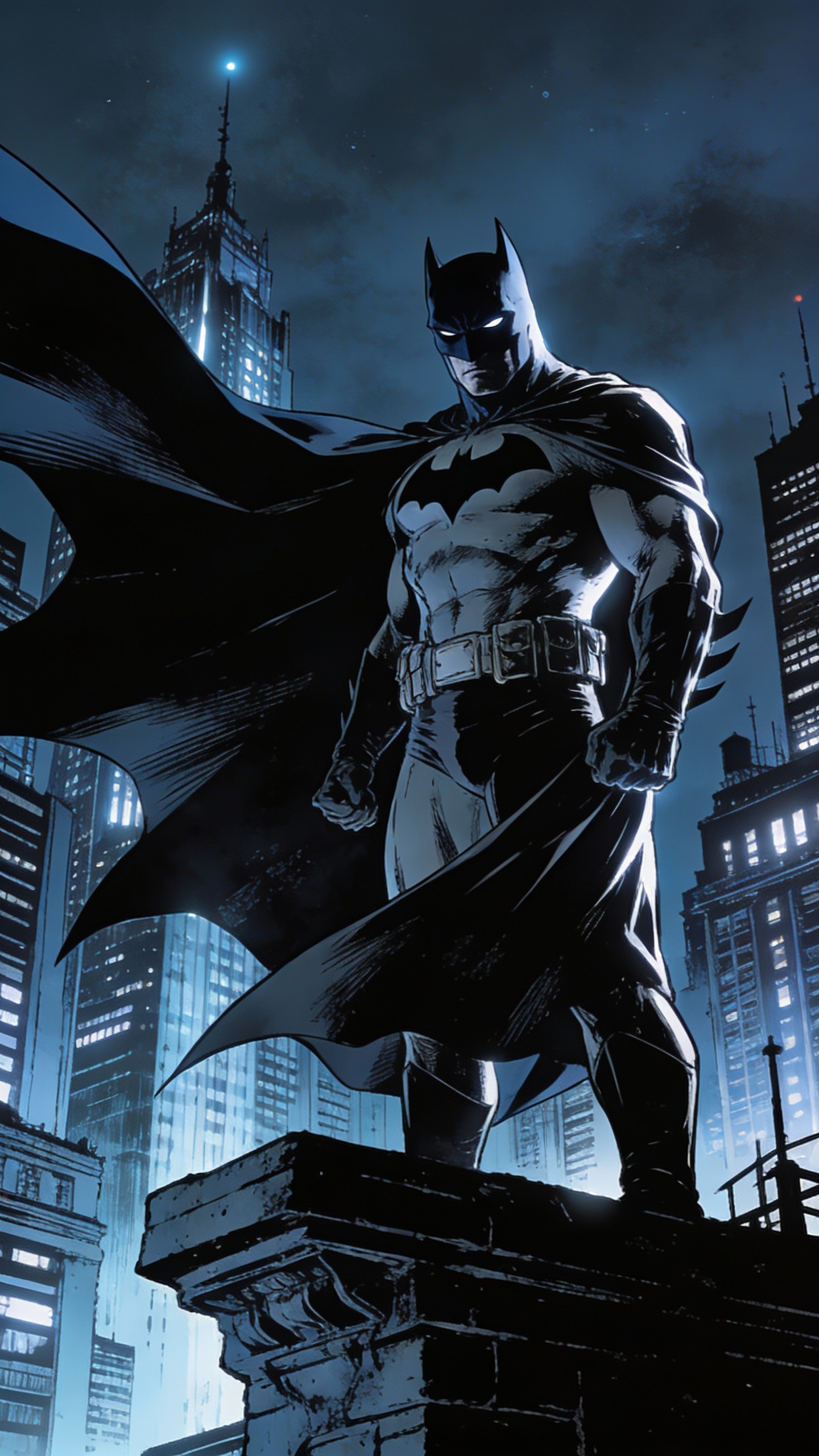 Batman on Gotham Rooftop at Night
