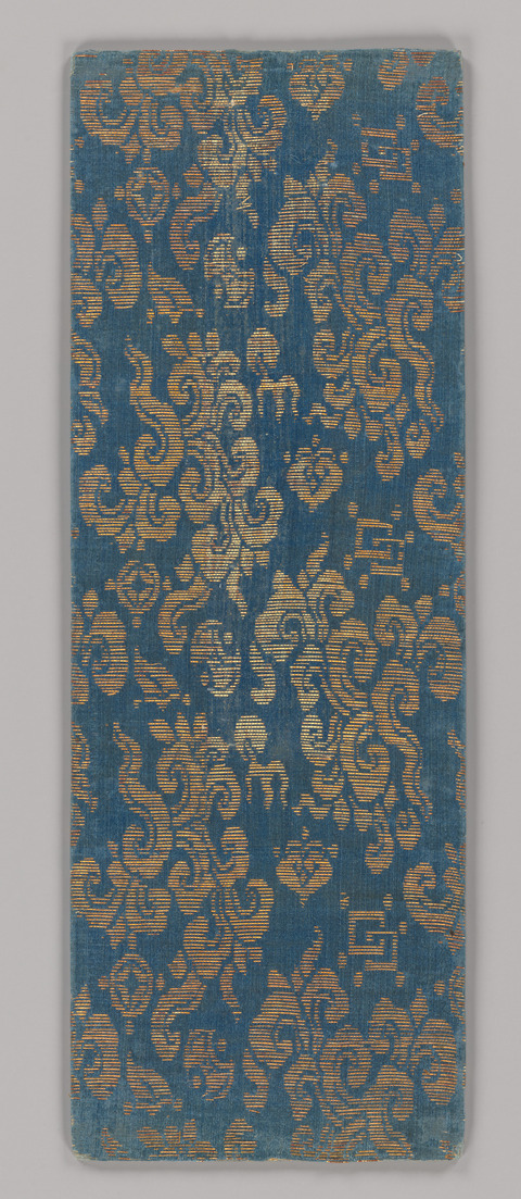 Blue Gold Patterned Antique Textile Fragment