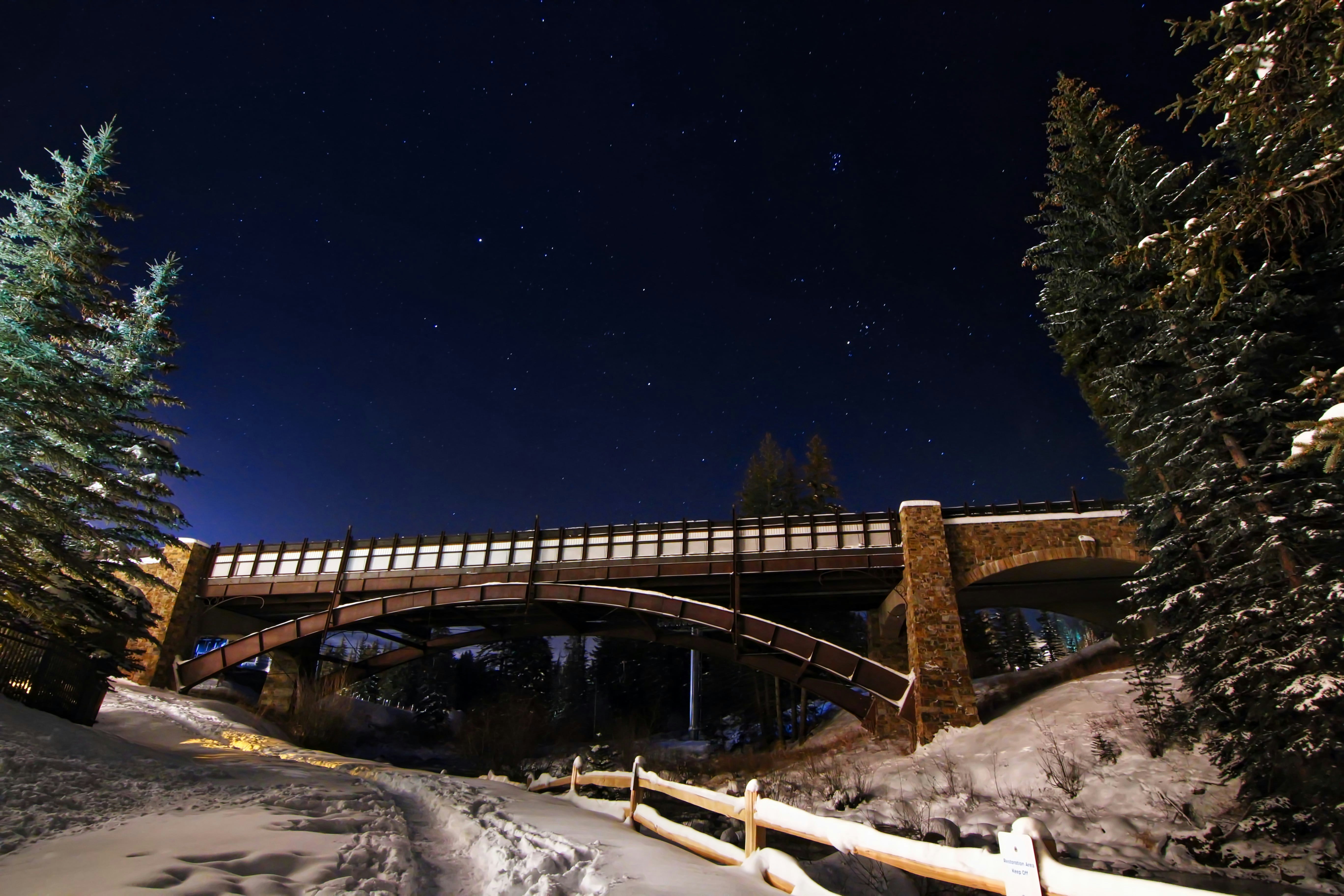 Snowy Night Bridge Under Starry Sky