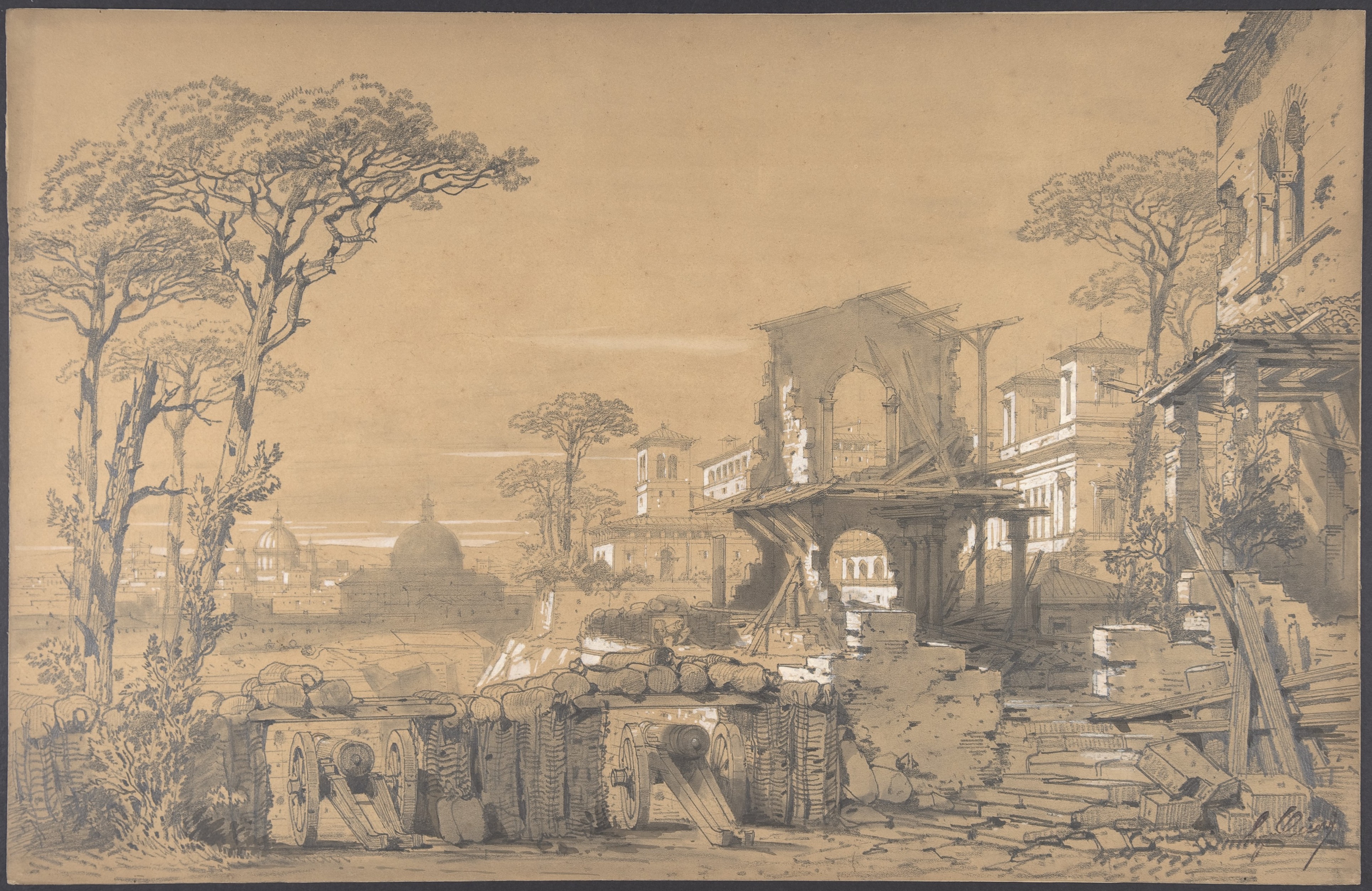 Pencil Sketch of Ruined City Landscape