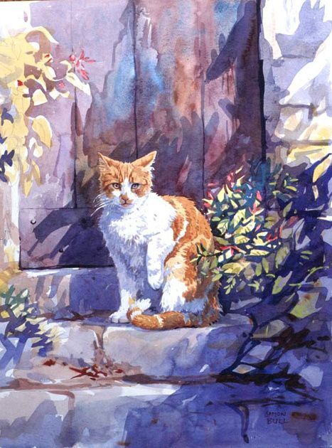 Ginger and White Cat on Stone Step