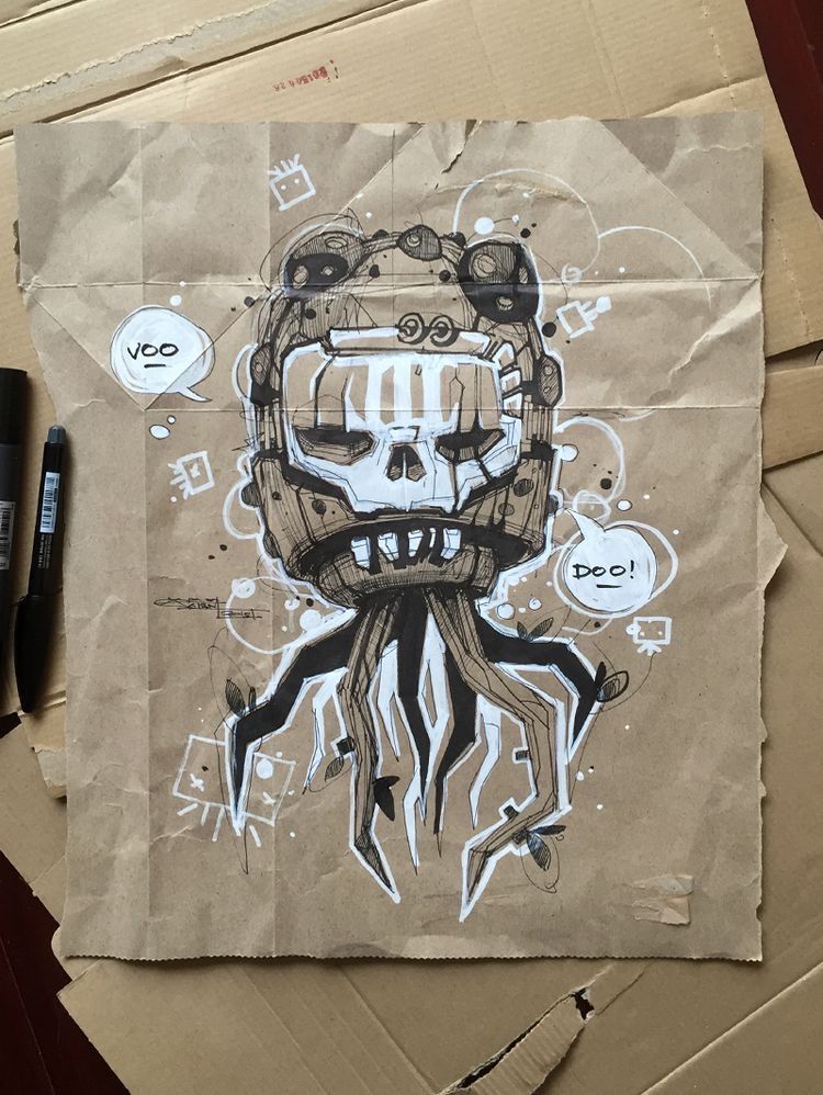 Skull Tentacle Creature Ink Drawing