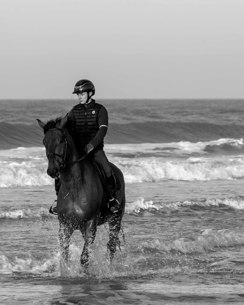 Rider on Horse Moving Through Shore Waves