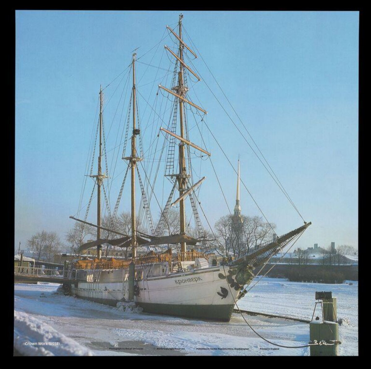 Kronverk sailing ship on frozen snowy river