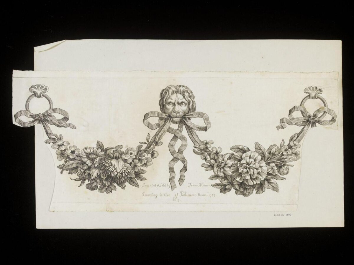 1759 Engraving of Lion Head and Floral Garland
