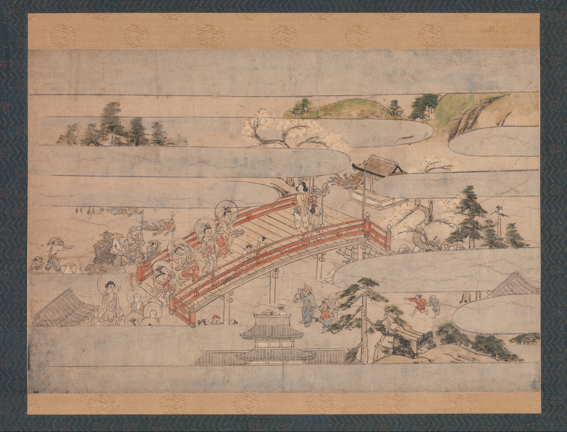Ancient Buddhist Figures Crossing Bridge Painting