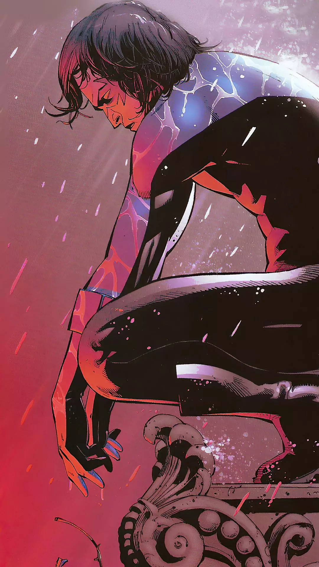 Comic Superhero Kneeling in Rain