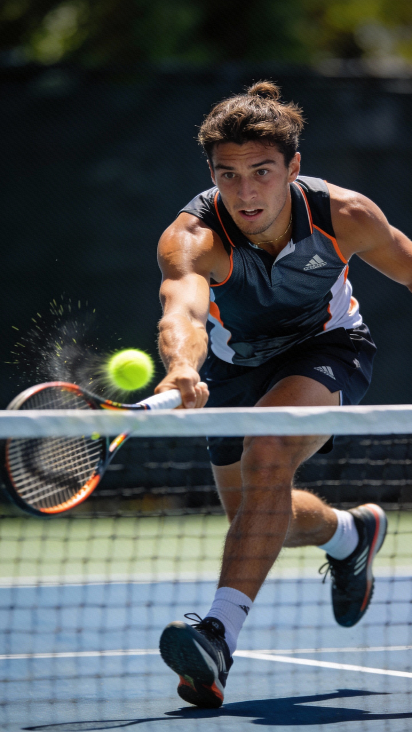 Tennis Player Reaching for Net Shot