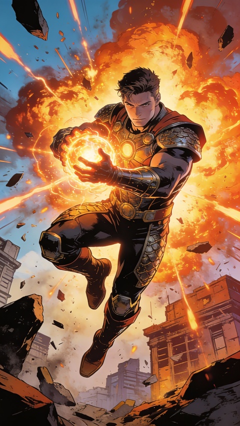 Armored Superhero Channels Energy Amid Explosion