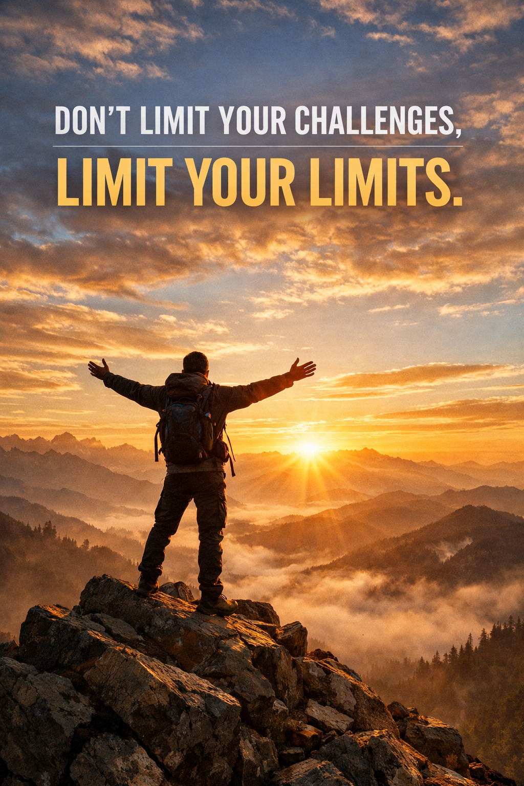 Motivational Quote Hiker on Mountain Peak